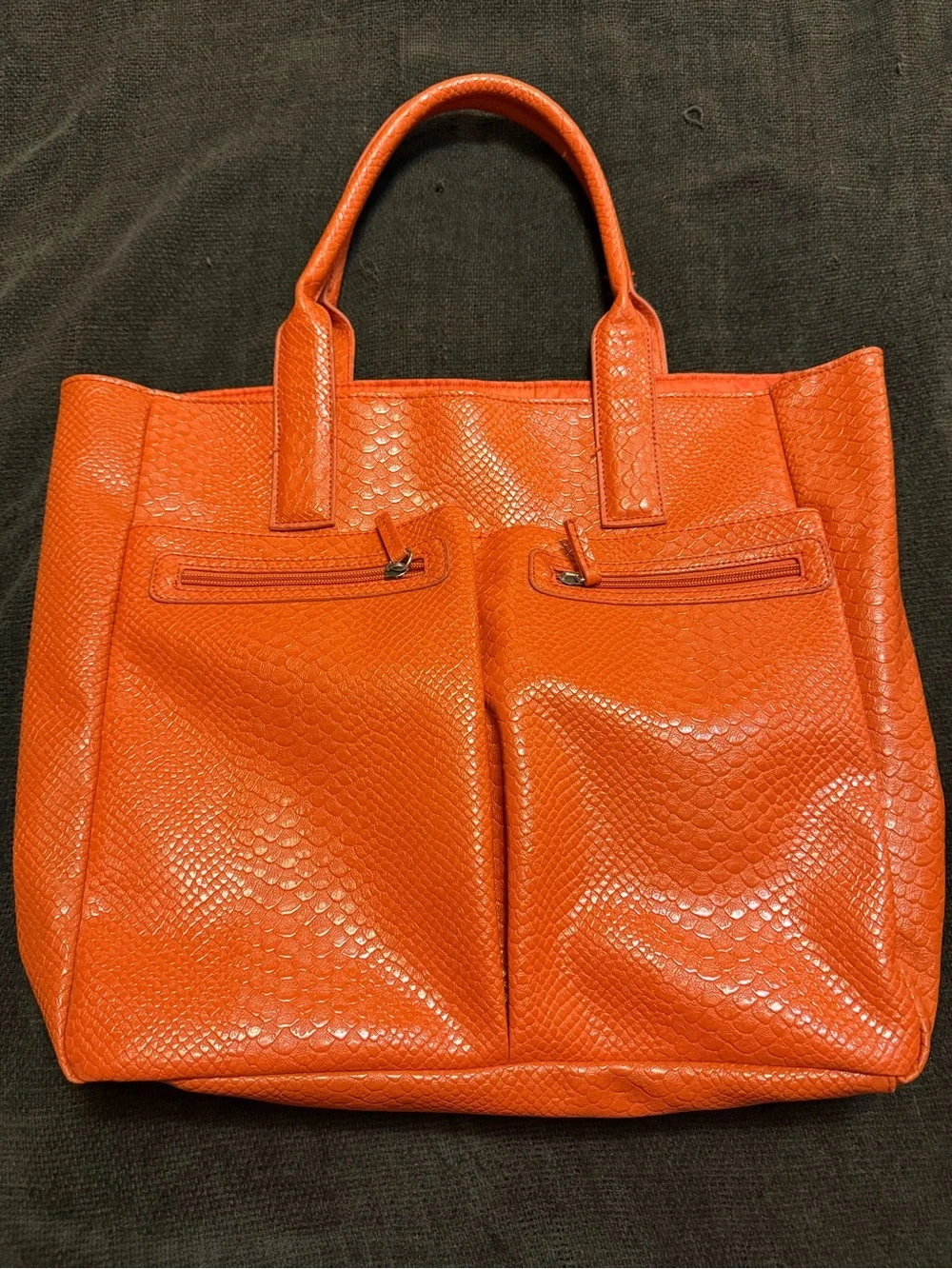 Orange Textured Tote Bag with Front Zip Pockets - Women